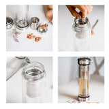 Four-panel image: loose tea scooped into the Teeflasche Stahl Edition 450ml infuser by GEVA Vital, infuser inserted in glass bottle, hot water poured in, and the plastikfreie Teeflasche with tea steeping—ideal 2in1-Teegenuss für unterwegs.