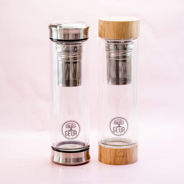 2er-Pack Teeflasche mit Sieb und Bambusholz/Edelstahl Verschluss, Trinkflasche 450ml - GEVA Vital